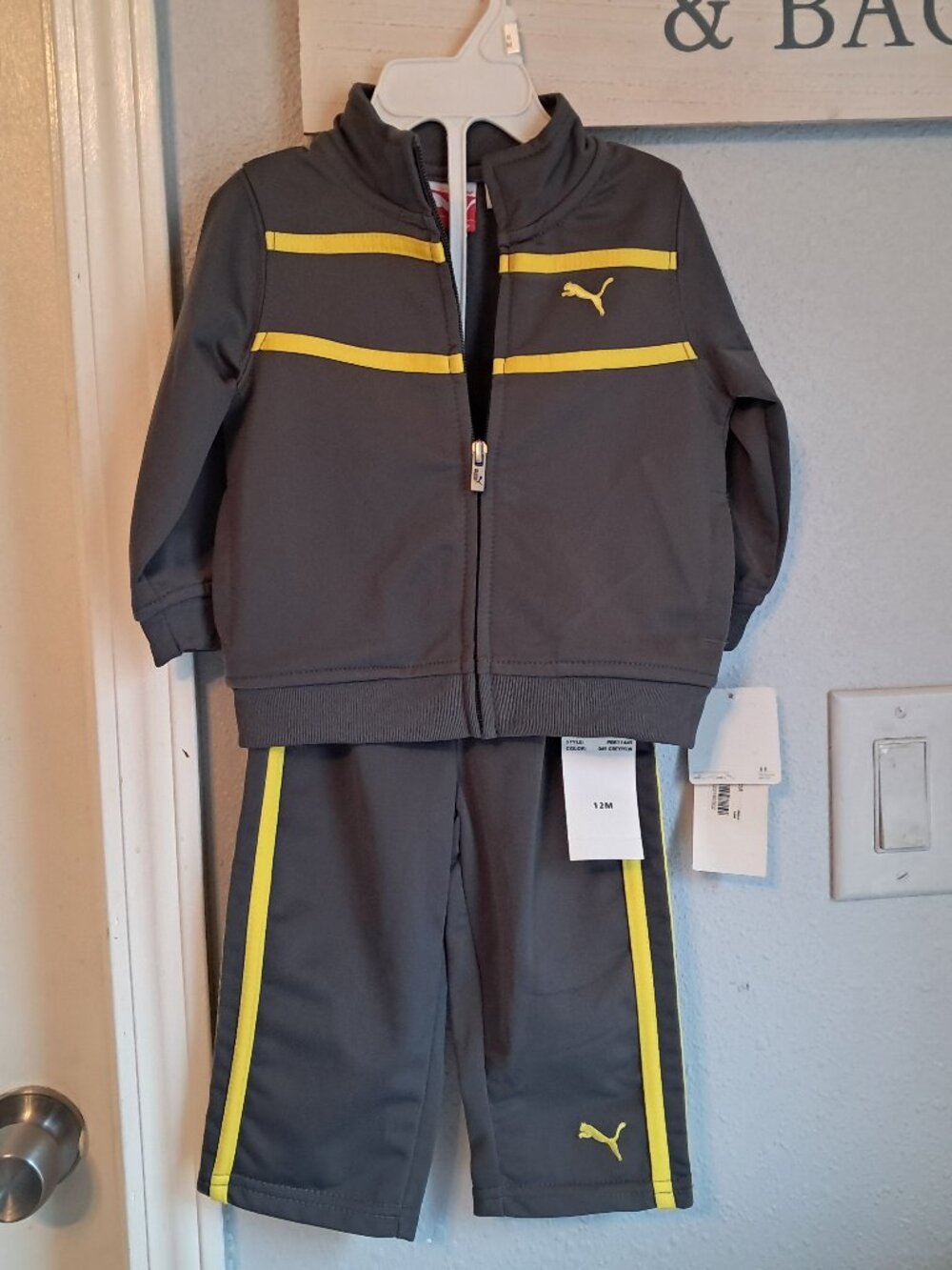 Puma Baby Boys Gray Yellow Track Suit Zip Jacket Pants Set 12M NWT